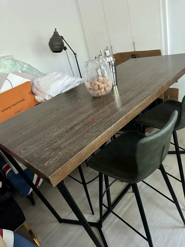 MARINA HOME HIGH TABLE AND 4 BAR LEATHER STOOLS