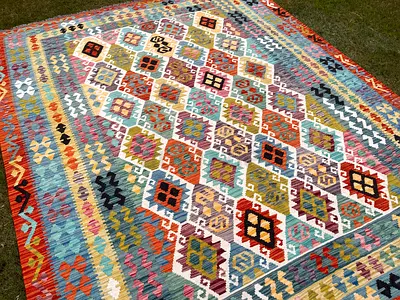 244 x 205 cm | New Handmade Beautiful Turkmen Kilim Orange Beige Colorful