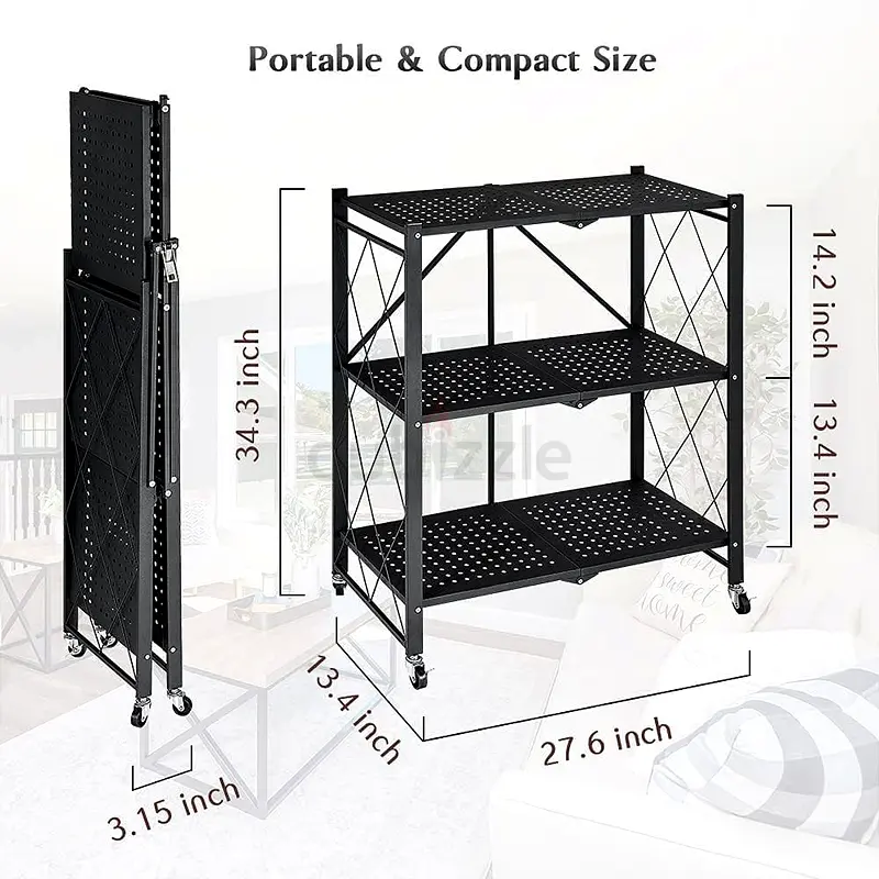 3Tier 4Tier Storage Shelf Foldable Metal Rack with Wheels Home Bathroom Kitchen Organizer