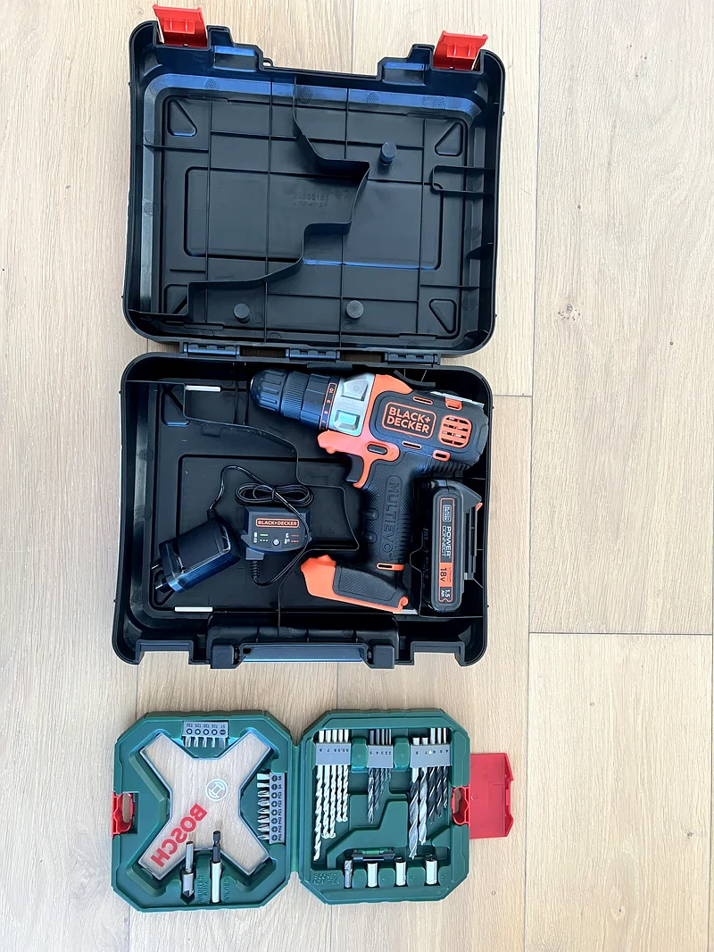 Black and decker tool set, cordless drill and drill bit set