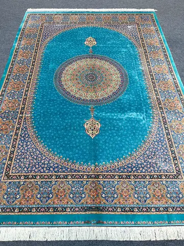 3x2m | New Turquoise Silk Persian Qom Carpet - 294 x 200 Cm