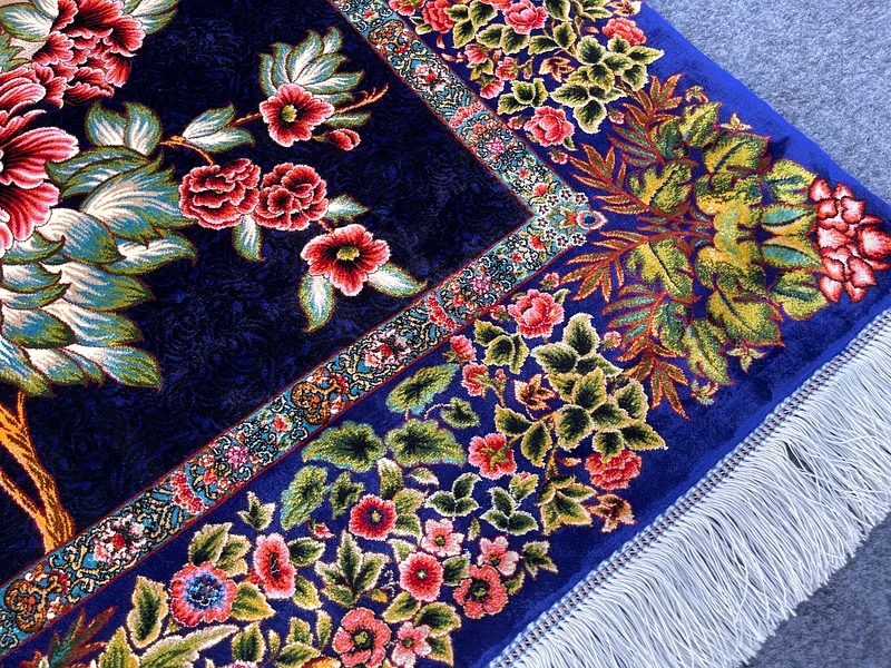 177 × 120 سم | بساط حرير فارسي أزرق عالي الجودة جديد بشخصية الطاووس63183722919937114