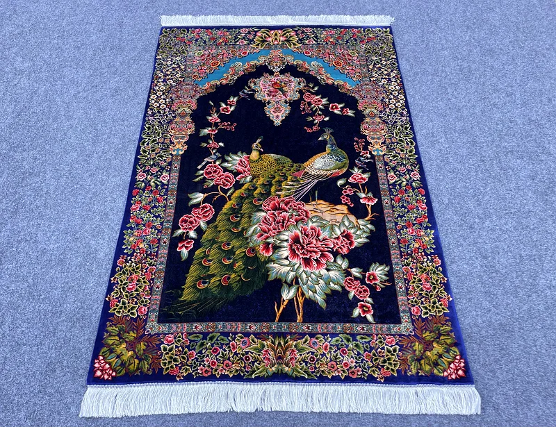 177 × 120 سم | بساط حرير فارسي أزرق عالي الجودة جديد بشخصية الطاووس63183722919937112
