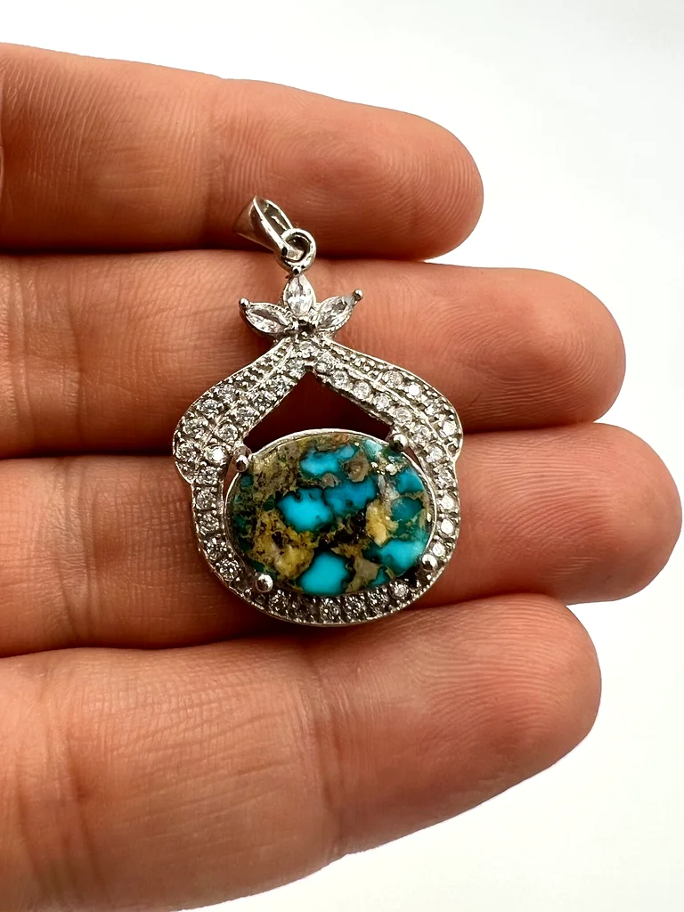 Womens silver necklace with natural Nishaburi turquoise stone - قلادة فضة نسائي بحجر فيروز طبيعي63173861064066111