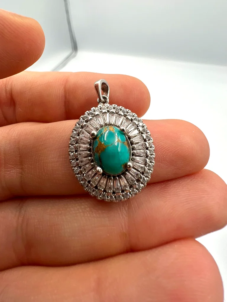Womens silver necklace with natural Nishaburi turquoise stone - قلادة فضة نسائي بحجر فيروز طبيعي63173861053186112