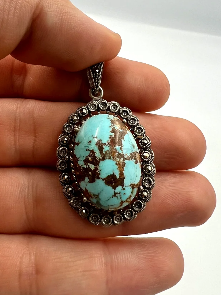 Womens silver necklace with natural Nishaburi turquoise stone - قلادة فضة نسائي بحجر فيروز طبيعي63173861058946113