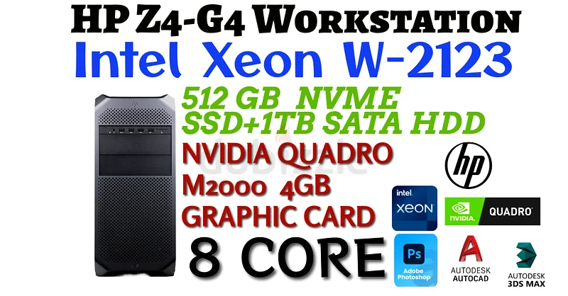 محطة عمل HP Z4-G4 - معالج Intel Xeon W2123 بسرعة 3.60 جيجاهرتز - بطاقة رسوميات NVIDIA QUADRO M2000 سعة 4 جيجابايت - وحدة تخزين 512 جيجابايت من نوع NVME SSD + 1 تيرابايت HDD63256078695042110