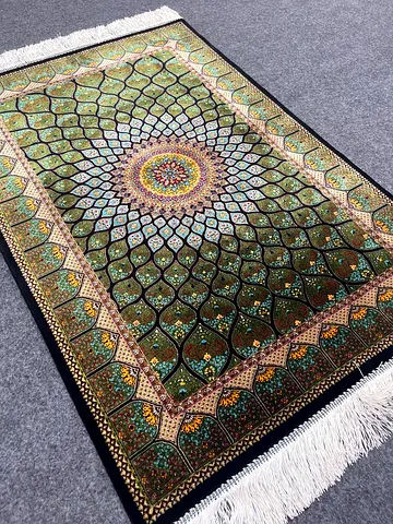 120 x 81 cm | New High Quality Silk Persian Carpet Beautiful Green Gombad