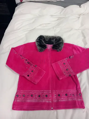 Winter jacket with embroidered fur around the neck, size large
