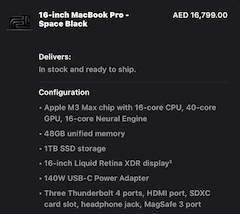 Macbook Pro 16.2” M3 Max 16/40‑core, 48GB Memory, 1TB SSD Storage ...