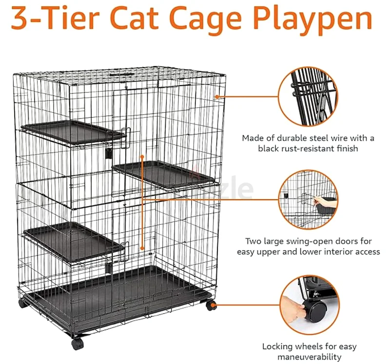 Amazon Basics 3Tier Wire Cat Cage Playpen Kennel, Large, 91.4 x 55.8 x