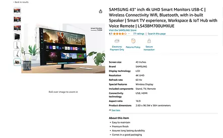SAMSUNG 43 inch 4k UHD Smart Monitor