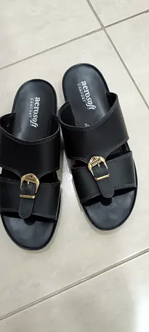 Mens black leather slippers, made in Thailand, size 44