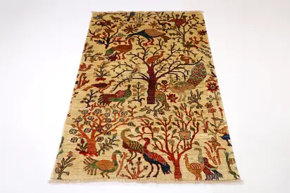 0.99 x 1.47 m| 3.4 x 4.10 ft | New beige Birds area rug | Afghan handmade wool carpet vegetable dye