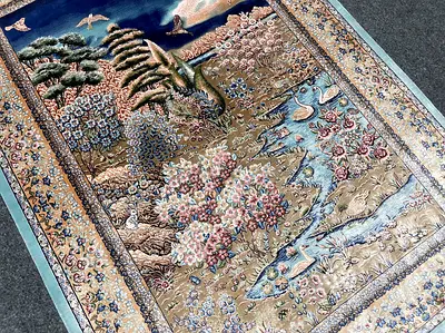 100 x 145 cm | New Beautiful Scenery Silk Persian Carpet Light Blue