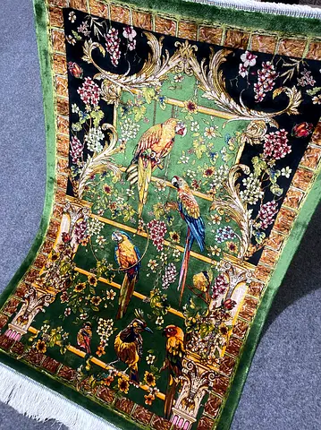81 x 117 cm | New Beautiful Green Parrot Silk Persian Carpet