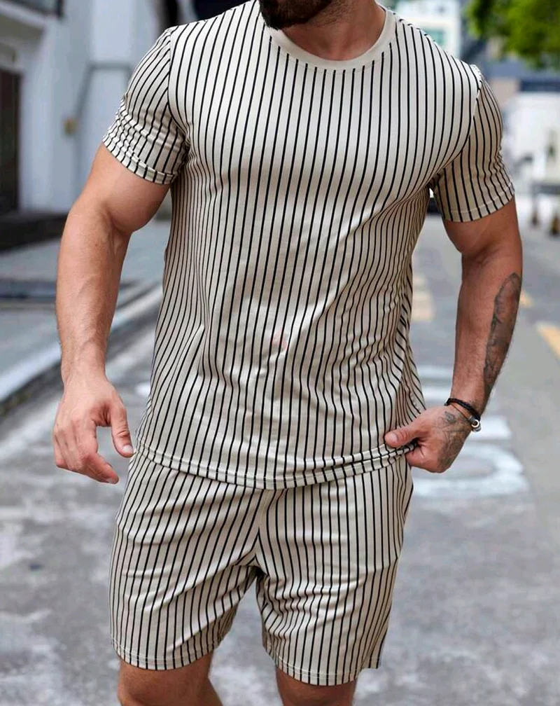 طقم تيشيرت وشورت رجالي صيفي كاجوال بنمط الأزهار63236617927810114