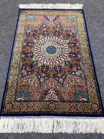 59 x 90 cm | New Beautiful Tabrezi Silk Persian Carpet Dark Blue