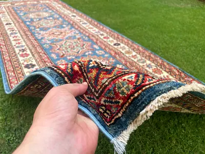 74 x 206 cm | New Handmade Beautiful Super Kazak Runner Blue