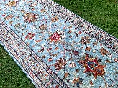88 x 303 cm | New Handmade Beautiful Sultani Runner Carpet Silver Blue