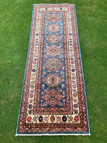 74 x 206 cm | New Handmade Beautiful Super Kazak Runner Blue