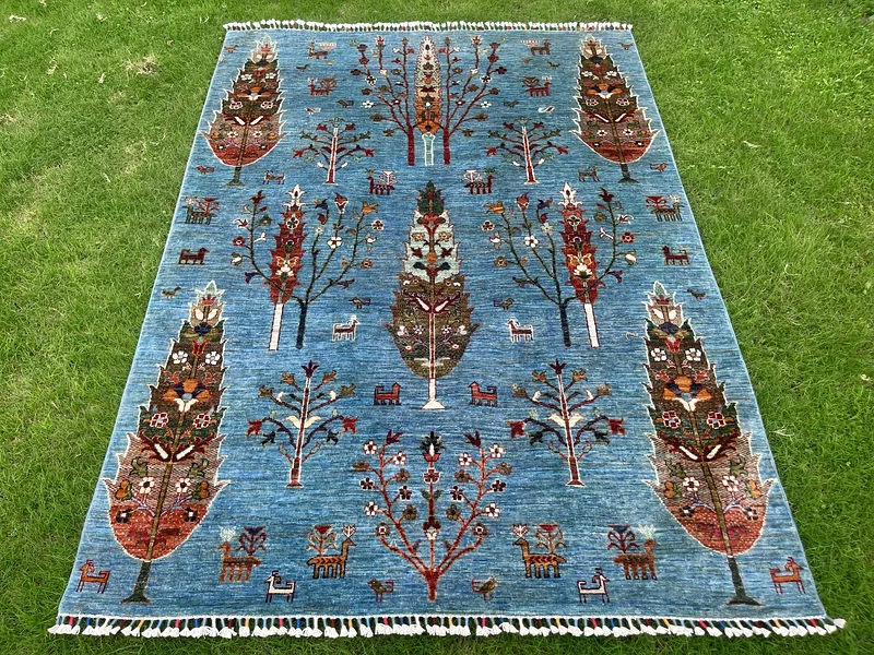 150 × 206 سم | سجادة جديدة مصنوعة يدويًا وجميلة بشجرة الحياة باللون الأزرق63183723176194111
