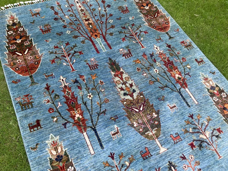 150 × 206 سم | سجادة جديدة مصنوعة يدويًا وجميلة بشجرة الحياة باللون الأزرق63183723176194112