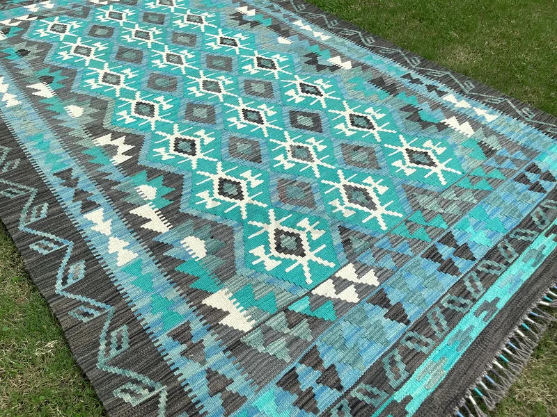 147 × 227 سم | سجادة كليم رمادية خضراء زرقاء جميلة جديدة مصنوعة يدويًا63183722853378113