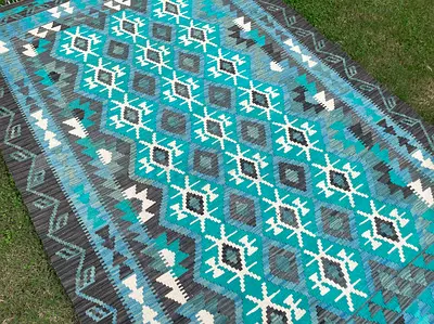 147 x 227 cm | New Handmade Beautiful Grey Turquoise Kilim Rug