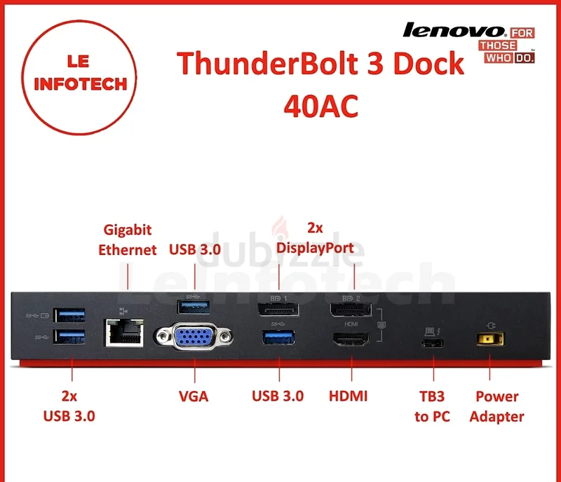 محطة إرساء Lenovo Thinkpad Thunderbolt 3 USB-C (40AC)-UHD 4K مع منفذ HDMI واحد ومنفذين DisplayPort ومنفذ VGA واحد63166654071299112