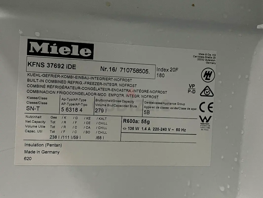 Miele brand build in bottom freezer refrigerator latest model