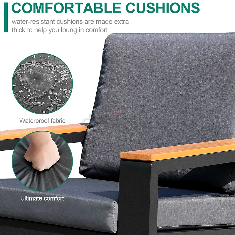 Outdoor garden 4 seats sofa with dark grey cushions and coffee table