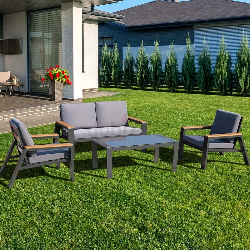 Outdoor garden 4 seats sofa with dark grey cushions and coffee table