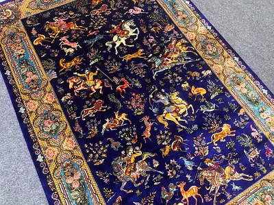 121 x 179 cm | New Beautiful Persian Silk Carpet Hunting Scene Tufted Semi Machine Made