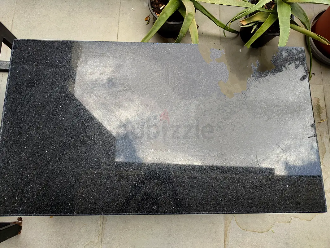 Black Metal Outdoor Bench Granite Top Coffee Table Set