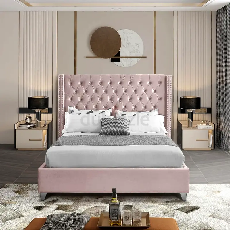 Aiden velvet Bed Frame in pink color