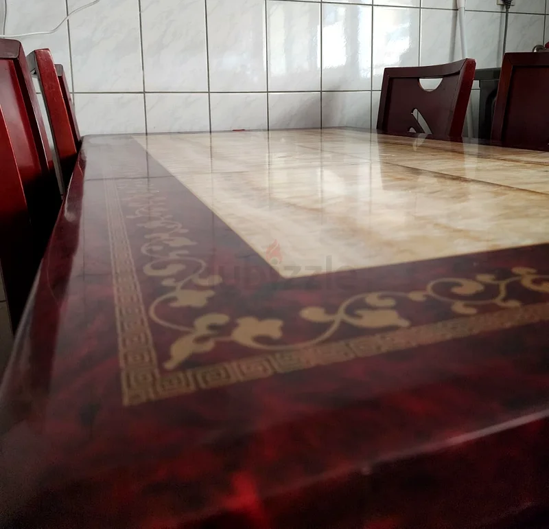 Wooden Dining Table with Thick Marble Top 5 chairs cushioned.