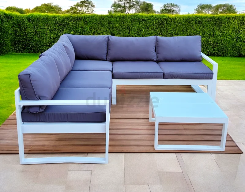 Elegant White Aluminium Corner Garden Sofa with Dark Grey Cushions