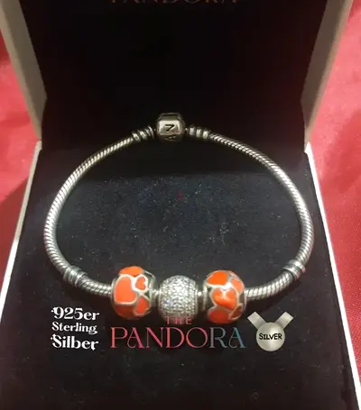 Pandora stearling silver bracelet with heart and crystal beads
