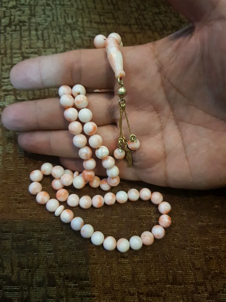 Vintage angel skin of coral rosary with solid gold tasel63172682851330111