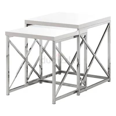 Nesting coffee table - 2 pcs set / glossy white with chrome metal