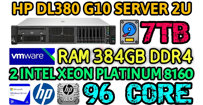 96 CORE HP PROLIANT DL380 G10 SERVER RAM 384GB DDR4 2 INTEL XEON 8160 PLATINUM HARD DRIVE 7TB SAS63255000425603110