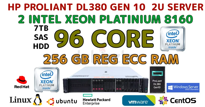 96 نواة + 256 جيجابايت رام - خادم HP ProLiant DL380 Gen 10 - معالجان Intel Xeon Platinum 8160 - 1 تيرابايت SSD + 7.20 تيرابايت HDD632660814155541123