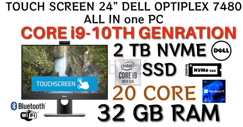 جهاز كور i9 من الجيل العاشر، شاشة 24 بوصة، ديل أوبتيبلكس 7480، كمبيوتر شخصي الكل في واحد بشاشة تعمل باللمس، ذاكرة وصول عشوائي سعة 32 جيجابايت، وحدة تخزين NVMe SSD سعة 2 تيرابايت، نظام التشغيل ويندوز 1162931666112259113
