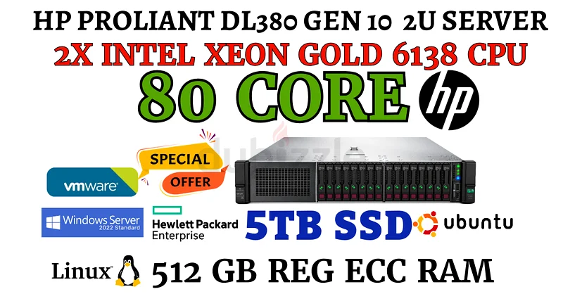 خادم HP DL380 G10 بسعة 16 SFF و80 نواة ومعالجان Intel Xeon Gold 6138 وذاكرة RAM بسعة 512 جيجابايت DDR4 وقرص صلب SSD بسعة 5 تيرابايت63266083666561118
