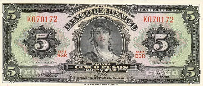 MEXICO 5 PESOS BANKNOTE 1969