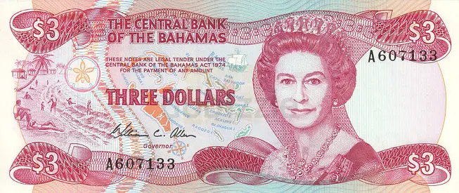 BAHAMAS 3 DOLLARS BANKNOTE 1984