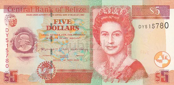 BELIZE 5 DOLLAR BANKNOTE 2020