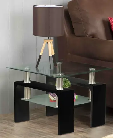 Glass Coffee Table 2 Tier Tea Table Tempered Glass Tabletop, Stainless Steel and Wooden Wenge Legs