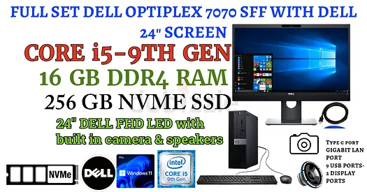 FULL SET WITH DELL 24” SCREEN Dell OptiPlex 7070 SFF-CORE I5-9500-16GB RAM-256GB NVME SSD-KEYBOARD